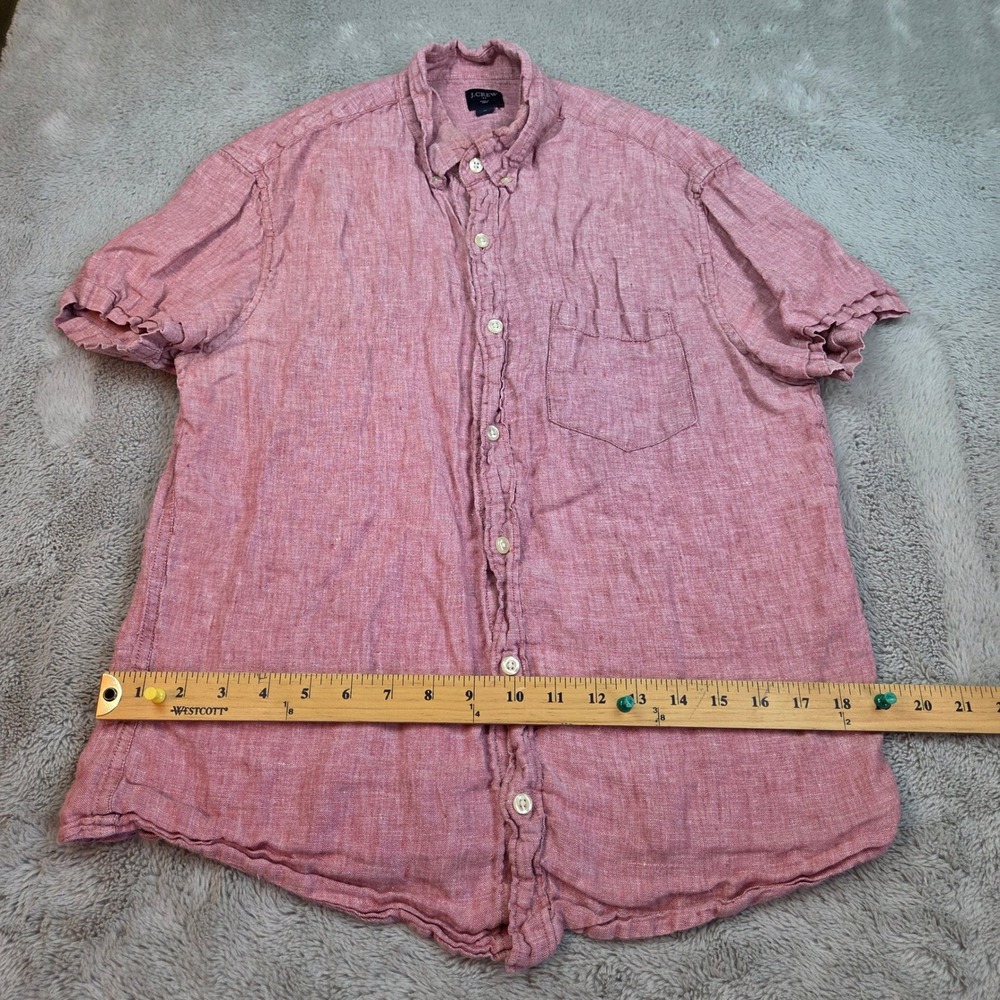 J.Crew‎ Linen Short Sleeve Button Down Mens M Casual Pocket H4802 Pink Red Shirt